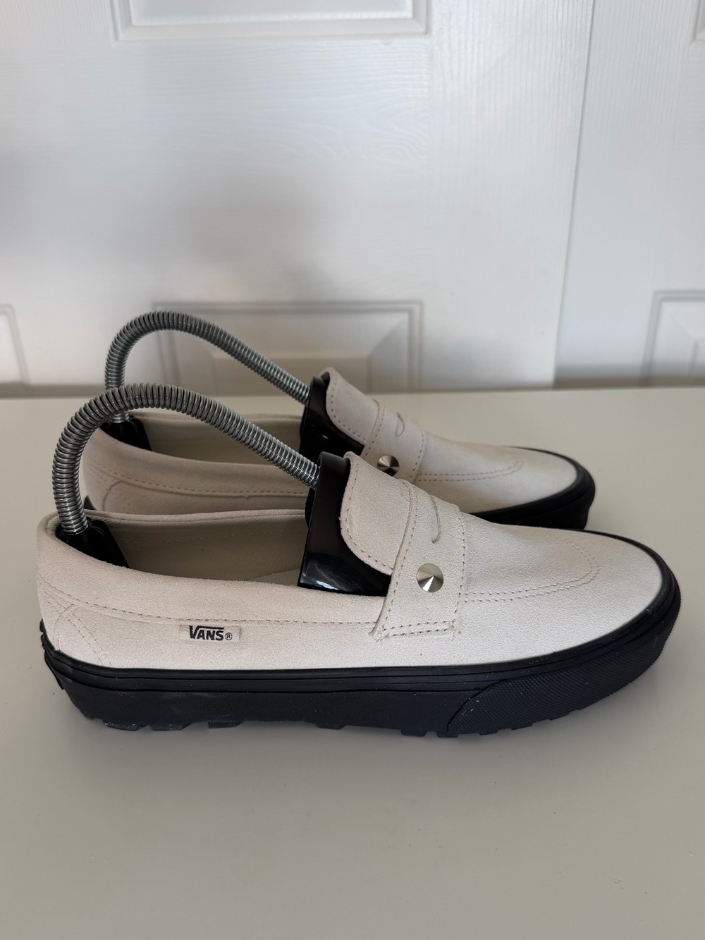 Vans White Canvas Platform Loafers with Black Sole